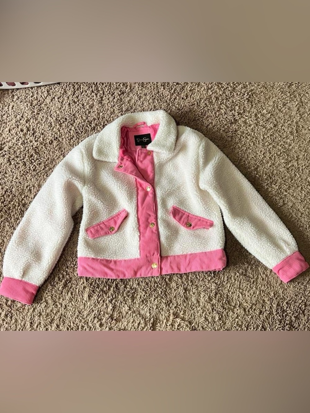 Kids White Sherpa Jacket with Pink Trim